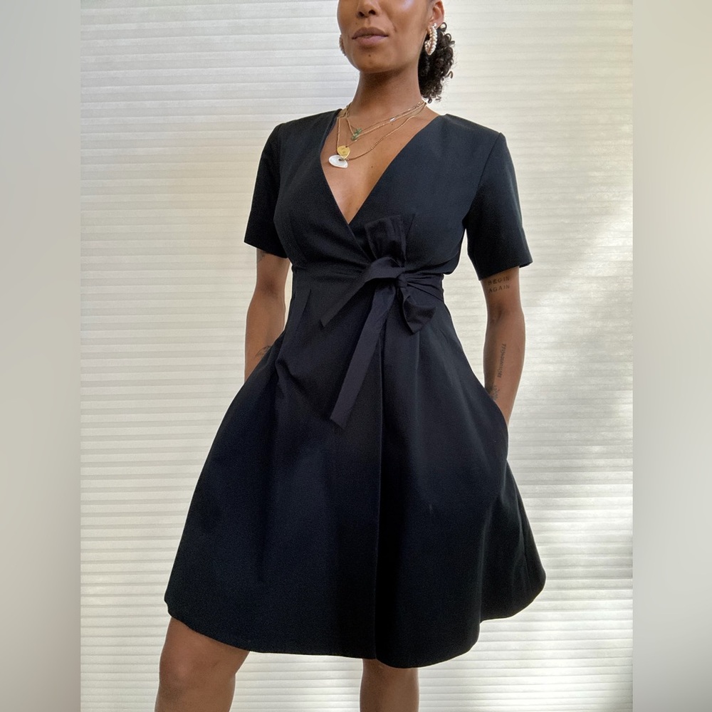 COS Navy Blue Textured Wrap Dress | Short Sleeve Minimalist A-Line - Picture 8 of 16
